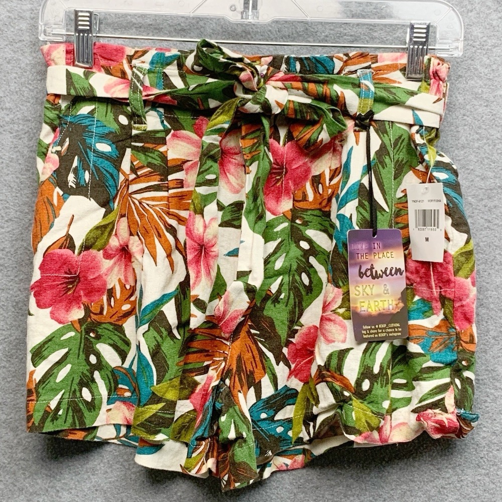 Bebop Tropical Floral Belted Paperbag Waist Shorts Medium Linen Blend Vacation